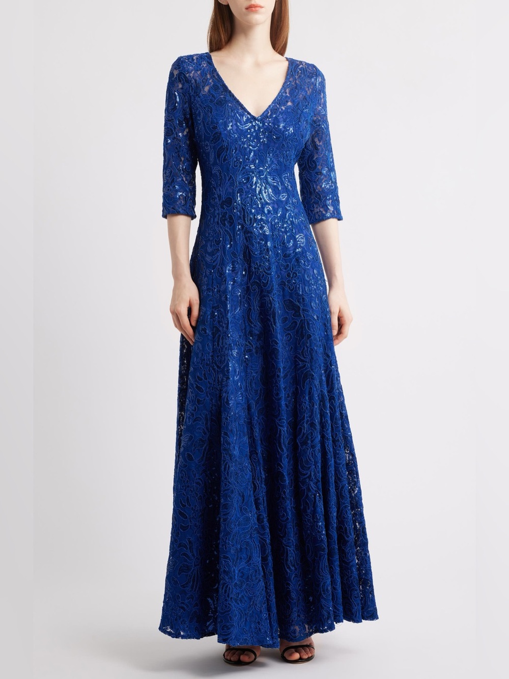 NWT Tahari ASL Women’s V-Neck Sequined Embroidered Gown Beaded 3/4 Sleeve Gown